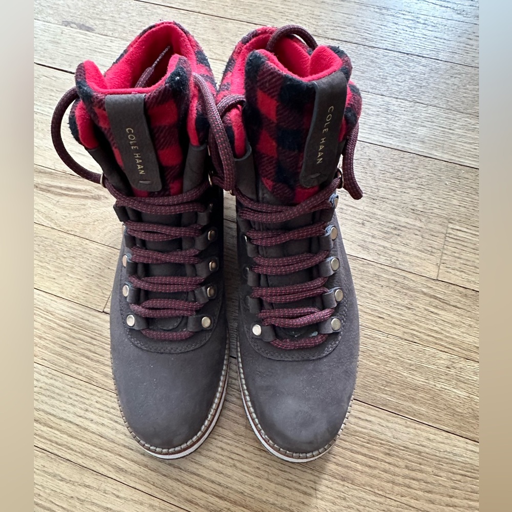 Cole Haan Brown and Buffalo check red/black felt water repellent boots.